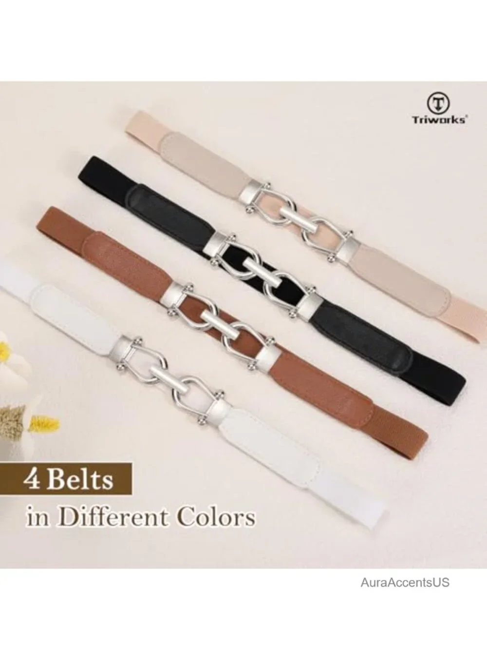 4 Pack Women Skinny Elastic Belts Gold Buckle Stretch Dress Belt Set